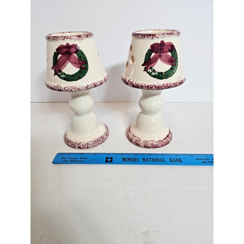 Ceramic Christmas Wreath Candle Holder Set 2 Piece Pedestal with Shade Holiday